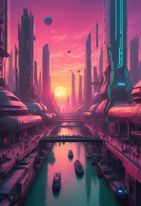 a canal running through a futuristic sci-fi cityscape, towers and skyscrapers, domes, people, sunset, surreal neon-hued sky