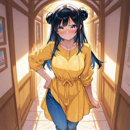 highres, ultra-detailed, illustration, colourful, masterpiece, 8k, soft lighting, (Riko , black hair, double buns, yellow dress, blue denim pants) , standing , hand on hips , beautiful , cute face , blush , looking at viewer
