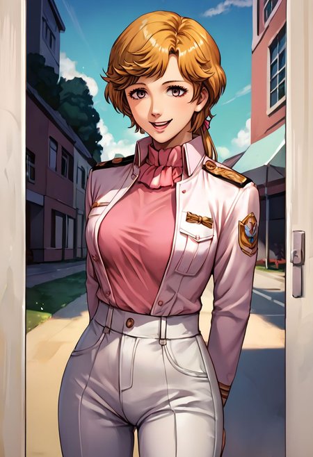 score_9, score_8_up, score_7_up, source_anime,
Frederica
hair ribbon, (best quality) , (highly detailed) ,masterpiece ,absurdres ,detailed face ,beautiful face ,(detailed eyes, deep eyes, anime eyes), 
1girl,solo,female,kawaii,cowboy_shot,pink shirt,shirt,short hat,black jacket,military uniform,white pants,cowboy_shot,hands_on_own_chest,smile,laughing,