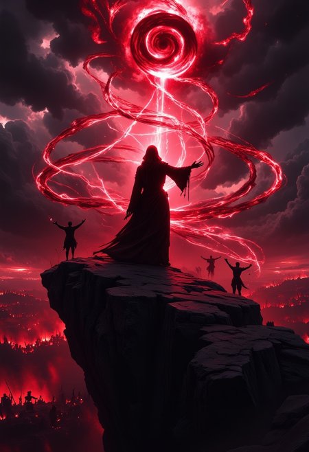 In the style of Brom (Dark Fantasy Illustrations) On a cliff overlooking a battlefield, a pale sorceress stands amidst swirling crimson magic, the sky above heavy with dark clouds. The scene is drenched in rich, saturated reds and deep blacks, with the light of blood magic casting an eerie glow over her gaunt, spectral form. The battlefield below is barely visible, shrouded in smoke and shadow, while the spirits of the dead rise around her like ethereal chains. The composition is dynamic, with the sorceress positioned off-center, her outstretched arms and swirling magic drawing the viewer’s eye upward into the stormy sky.