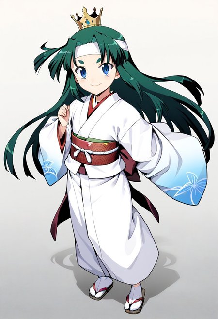 <lora:Tsugumomo-PonyXL-1024px-v1.0:0.8>
1girl, solo, flat chets, short petite, small body, blue eyes, crown, full body, green hair, headband, japanese clothes, kimono, long hair, looking at viewer, sash, skirt, smile, standing, tabi, transparent background, (upper body).