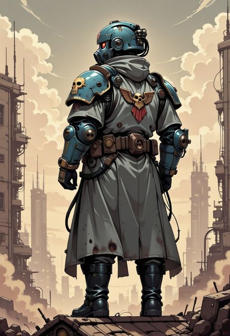 masterpiece, UHD, 8K, high res, high detailed, best quality, amazing quality,
1male, solo, krieg's soldier (/warhammer 40k)/, helmet, gasmask, gray overcoat, black boots, gray pants, backback on back, stand on roof,
destroyed futuristic city on background, low clouds, grey clouds,
amazing background,
sepia,