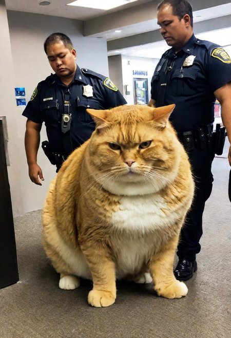 amateur cellphone photography, two laggard cops arresting ridiculously chubby enormous cat, f8.0, samsung galaxy, noise, jpeg artefacts, poor lighting, low light, underexposed,