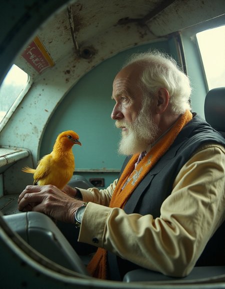 Photo of an old bearded man in a spaceship investigating a finch., (VCTRN:1.2), analogstyle,  faded photograph <lora:e377b7657231499e9165dad83cdeb312_pytorch_lora_weights:1>  <lora:amateurphoto-6version:0.4> <lora:35mm_joycap:0.4>