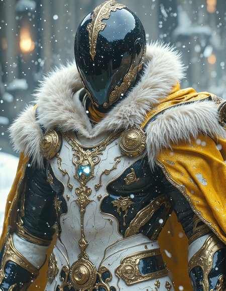 full body closeup, futuristic mysterious muscular buff male character standing against a snowy backdrop, The character wearing ornate tech armor made out of white obsidian with intricate gold detailing and a fur collar, and a gold yellow long cape, The armor predominantly white and black, high-ranking and royal status, The character's head is visible, cool black glass futuristic helmet, enigmatic presence, The helmet matches the armor, maintaining the color scheme of black obsidian, white, and gold, atmosphere should be serene yet powerful, capturing the essence of a lone warrior in a harsh winter landscape, HKMagic, aidmaMJ6.1, <lora:Dark Cinematic:0.7>, <lora:FantasyWizardWitchesFluxV2-000001:0.8>, <lora:Elden_Ring_-_Yoshitaka_Amano:0.3>, <lora:flux.1_lora_flyway_Epic-detail_v2:0.5>, <lora:aidmaMJ6.1v0.4:0.6>