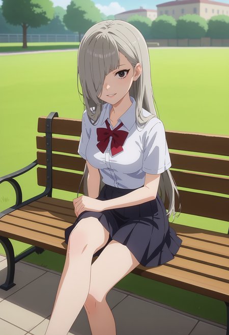 score_9, score_8_up, score_7_up, anime screencap, source_anime, 1girl, solo,
<lora:Horn_Danmachi_V1:.85>, KJOhorn, black eyes, grey hair, long hair, hair over one eye, 
school uniform, black skirt, short sleeves,
Sitting, bench, crossed legs, smile, parted lips, looking at viewer, 
sunny, park, sidewalk, grass, tree, 
(Beautiful, medium Breasts:1.2),