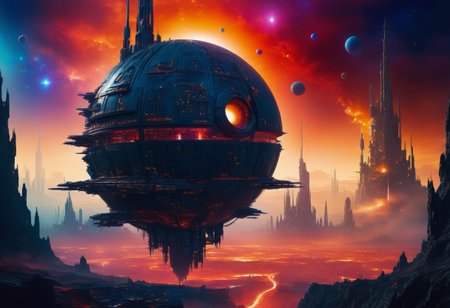 fantasy city in star wars death star style, ral-dissolve, silhouette effulgent light, esoteric and threatening and forceful atmosphere, (iridescent blue and opal and deep red colors), ral-dissolve, high-quality details, well-defined edges, raw details, complete sharpness, blurred background,