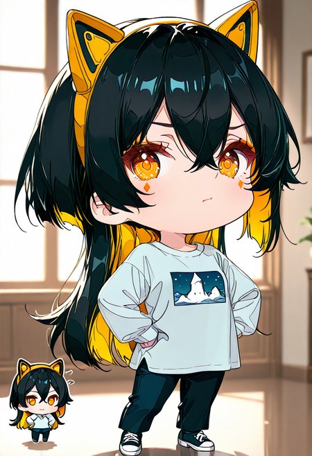 masterpiece, ultra-HD, very aesthetic, 8K, high detail, depth of field, score_9, score_8_up, 
BREAK
1girl, solo, ((slightly short side hair)), (reverse mullet:1.3), hair covering the gap between the eyes, black hair, Amber eyes, Amber inner hair, light Amber color eye makeup, (medium-length back hair), layered straight hair, airy bangs, ((side hair framing the face)), parted bangs, (((chibi:2))), 
BREAK
Fake animal ears, wolf ear headband, displeasure, pouting, ((half body)), look at viewer, Hands on hips, 
BREAK
BREAK
<lora:Black_Wolf-Cut_Girl_with_Orange_Inner_Layers:1>,
