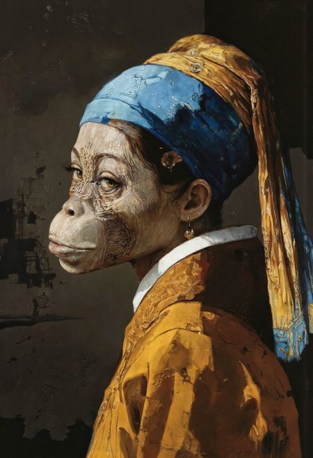 ZooPolis art. A photo-realistic portrait of an anthropomorphic orangutan wearing a blue and yellow headscarf and a yellow dress, captured from a portrait camera angle. the image also shows a serious expression and a slight smile on its face. on the middle of the image, a 20 years old female, who appear to be an adult male, is facing the viewer, looking directly at the camera with a neutral expression. she has a slim body and is wearing a pair of earrings. her hair is styled in a long hair style and she has brown eyes that are looking straight at the viewer. her facial features are detailed and her expression is neutral. she is wearing an ornate yellow dress with a white collar and a blue head scarf. the background is a dark, textured dark background, which contrasts with the bright and dramatic lighting that highlights her features.