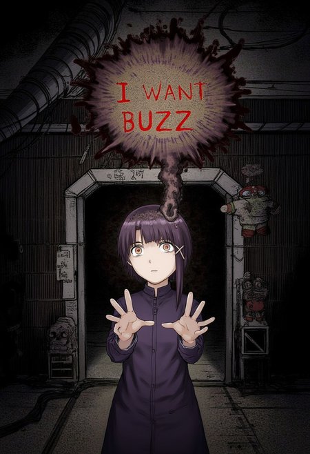 SELain, high quality anime art style, occult ritual, horror vibe, demonic possession, scared punk girl in the dark basement looking up, dark paranormal power with eyes growing from her head and forming a dark bubble with text: "I WANT BUZZ."
