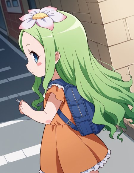 score_9, score_8_up, score_7_up, source_anime, <lora:celine-darkness-ponyxl-lora-nochekaiser:1>, celine, long hair, blue eyes, hair ornament, flower, green hair, hair flower, wavy hair, blush stickers,, dress, backpack, orange dress, frills,, crosswalk, people, street, white lines, traffic, , from side, looking at viewer, solo,, dutch angle, cowboy shot