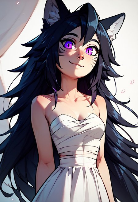 (score_9), (score_8_up), (score_7_up), (score_6_up), (score_5_up), (score_4_up), (masterpiece), (best quality), (petite, short, wolf girl, cute, pretty, purple eyes, long hair, white and black hair:1.4), white dress