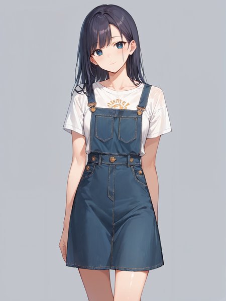 score_9, score_8_up, score_7_up,source_anime, high res image,masterpiece,best quality,girl,cute face,clear skin,shiny hair,ultra detailed eyes,simple background <lora:salopette_pony_V1.0:0.8> salopette, overall skirt