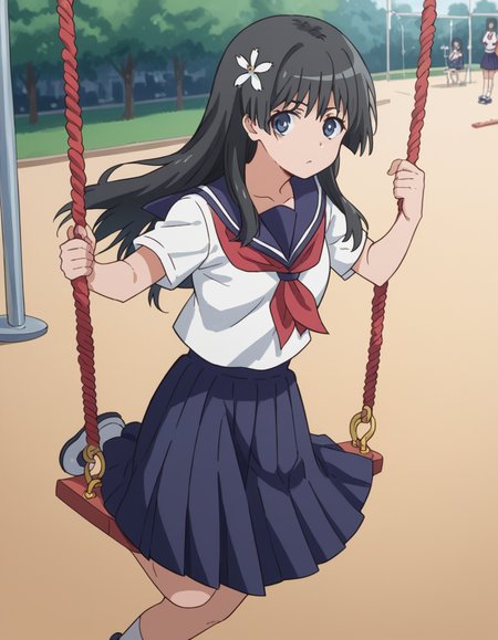 score_9, score_8_up, score_7_up, source_anime, <lora:saten-ruiko-s3-ponyxl-lora-nochekaiser:1>, saten ruiko, black hair, blue eyes, long hair, hair ornament, flower ornament,, blue skirt, pleated skirt, sakugawa school uniform, school uniform, serafuku, skirt, summer uniform,, public park, playground, swing set, laughter, sunny day, , looking at viewer, hand on waist, elbow up, foot on tiptoe, solo,, cowboy shot, dutch angle