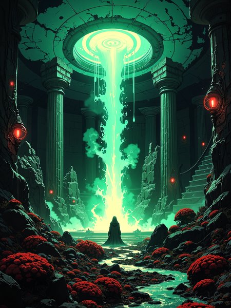 famous artwork, sci-fi, painting, highly aesthetic, hyper-realistic, photo-realistic, ultra detailed, high resolution, uhd, 8k, 4k, epic, dramatic, accurate, dynamic composition, at night, dim lighting, conjurers of evil times, we can sense the danger, they claim every soul, show you who's the leader, bow before iconoclasts, creators of disaster, they play with stars and sulphur just for heaven's sake, to them, we're a fantasy to see who's first to break, when good and evil go to war, we leave it up to fate, since time began they fought for man, incurring love and hate, the serpent and the king, ancient temple, madness inducing sigil, twilight horror, eldritch dreamscape, sanity-draining whispers, a thousand eyes, eldritch vapors, the color palette is predominantly anthrazit grey and mint green and deep blue and scarlet, lovecraftian, cthulhu mythos, ovg, arsmoviestill, 80s fantasy movie still, r3alisticf, <lora:style-skooldaze_fantasy_portrait-flux-by_skylar1023:0.56> <lora:style-80s_fantasy_movie-v3-flux-by_arsmachina:0.84> <lora:mythic_fantasy-realistic-flux-by_velvets:0.76>