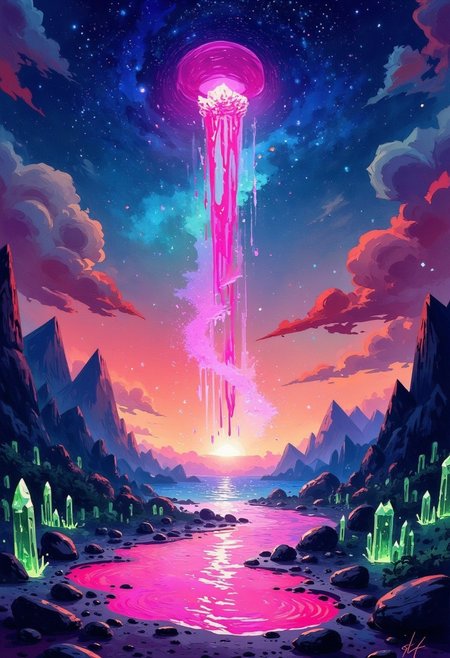 A surreal cosmic landscape featuring a glowing, ethereal catpaw suspended in the starry night sky. The catpaw appears to be melting, with vibrant, magenta and turquoise liquid energy swirling around it. The environment is otherworldly, with jagged glowing lime green crystals and shadowy mountains framing the scene. The sky is alive with stars and nebulas blending hues of deep indigo, purple, and magenta. Clouds tinted with warm bordeaux and crimson contrast the cool tones, adding depth. The flowing liquid radiates a mesmerizing luminescence, creating intricate ripples and light reflections across the ground. The atmosphere feels mystical and infinite, a fusion of cosmic power and ethereal beauty,oilpainting