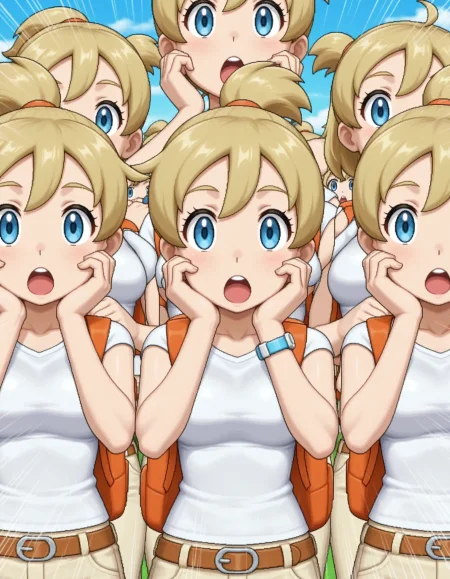 3girls,masterpiece,best quality,anime screencap,pokemon,
<lora:backpackerBW_pokemon_v1_IL:0.8>,backpackerBW,blue eyes,blonde hair,bangs,white shirt,beige pants,brown belt,hair between eyes,short sleeves,short ponytail,high ponytail,orange backpack,breasts,topknot,tareme,upper teeth only,light blue z-ring,
open mouth,<lora:dmd2_sdxl_4step:1>,day, open mouth,surprised,(emphasis lines:1.2),hands on own cheeks,:o, wide-eyed, upper body, multiple girls, looking at viewer, straight-on, surreal,clone,close-up,