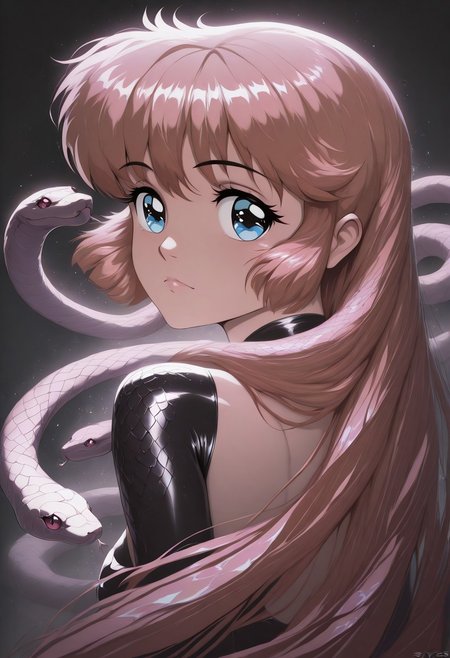 masterpiece, best quality, amazing quality, very aesthetic, absurdres, newest,  amazing detail, intricate detail, meimi, snake, snake_hair, snksymbss, style overlay, backlight, glossy glitter lips, snake scales, detailed eyes, eyelashes,