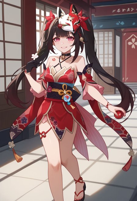 score_9, score_8_up, score_7_up, source_anime, 1girl, sparkledef, pink eyes, long hair, twintails, fox mask, mask on head, bell, black choker, bare shoulders, flower tattoo, criss-cross halter, detached sleeves, red dress, japanese clothes, obi, black sash, black gloves, single glove, thigh strap, sandals, standing, smile, looking at viewer, indoors, shrine, close-up, facing viewer, hand on hip, <lora:Sparkle_v1-000010:1>