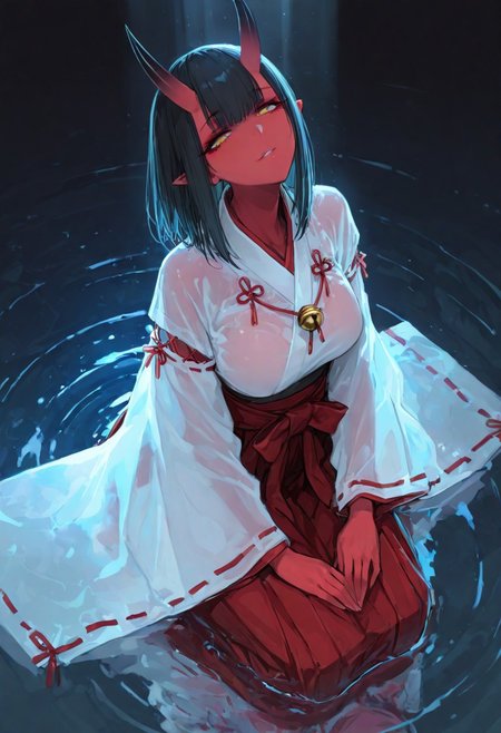 masterpiece, best quality, Good quality, very aesthetic, absurdres, newest,1girl, light rays, looking at viewer, solo, 
Cinematic Lighting, gradient color,
BREAK
masterpiece, amazing quality, best quality, ultra-detailed, 8K, illustration, CG, ultra-detailed-eyes, detailed background, eyelashes, erotic, looking seductive, coy. dynamic action image, detailed face, detailed eyes, direct mesmerizing gaze, mature female, medium breast,
BREAK
(sexy, slutty, hot, aroused), 
Aka-Oni, oni, colored skin, red skin, smooth horns, black horns, 
BREAK
japanese clothes, see-through, wide sleeves, ribbon trim, hakama, jingle bell, ribbon-trimmed sleeves,eyeliner, red hakama, hakama skirt, seiza, jewelry, Girl Focus, sitting, look up,firm look, partially submerged, ripples, reflection, reflective water, reflective floor, shallow water,