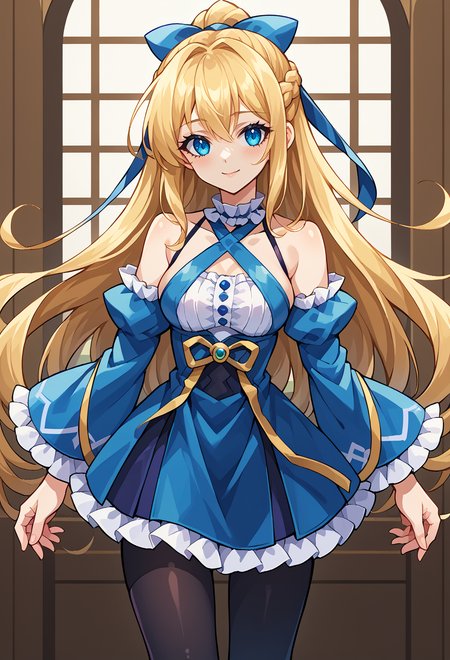 score_9, score_7_up, source_anime, BREAK very long hair, light smile,  <lora:GunvoltMain:1> Azure Striker Gunvolt(Main), <lora:mxmarina:1> mxmarina, french braid, half updo, Hair ribbon, frilled choker, criss-cross halter, sleeveless dress, high-waist skirt, backless dress, blue dress, waist blue bow, detached sleeves, frilled sleeves, wide sleeves, blue sleeves, black pantyhose, patterned legwear, pinstripe pantyhose, mary janes,