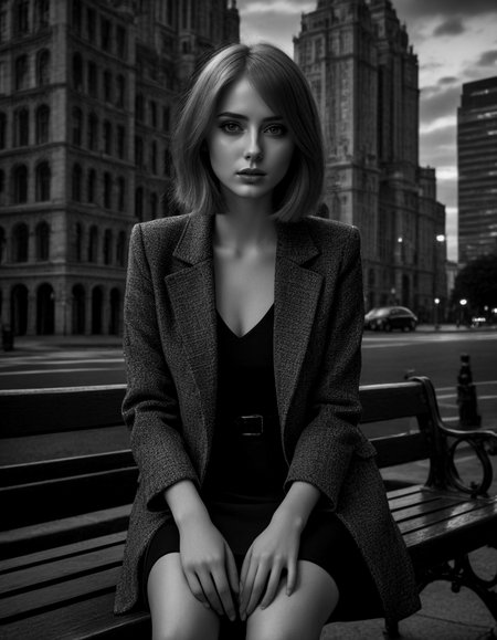Dark Moody Atmosphere, HDR photo of monochrome raw monochrome photo, night photo,  Rikki_Wilson sitting on bench,  volumetric lighting, hyper-realistic, 32k resolution  <lora:red_architecture:1> red architecture,, greyscale, monochrome, city,   <lora:8W_v2:1> monochrome portrait . black and white, contrast, tone, texture, detailed . High dynamic range, vivid, rich details, clear shadows and highlights, realistic, intense, enhanced contrast, highly detailed, dramatic, mysterious, dark moody atmosphere