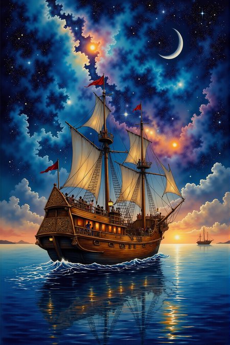 <lora:Watercolor_sketch_v.1:0.8> Watercolorsketch style. A majestic wooden ship with ornate golden carvings glides silently over a tranquil ocean illuminated by a trail of glowing starlight on the water's surface. The sails are lit from within by a warm, golden glow emanating from lanterns hanging at the bow and stern. Above, the night sky is a dazzling display of celestial wonder, with a crescent moon hanging low amidst a swirling galaxy of vibrant colorsârich blues, purples, and fiery orange nebulae blending seamlessly. The ocean reflects the stars, creating a surreal mirror-like effect. The scene feels dreamlike, as if the ship is journeying through a cosmic realm. Perspective: slightly angled from the waterline, capturing both the ship's grandeur and the infinite sky.