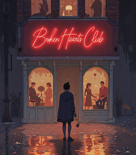 In the dim glow of a rain-slicked city street, a lone figure stands beneath a flickering neon sign that reads, "Broken Hearts Club." The crimson light spills across the wet pavement, reflecting in the puddles like the remnants of a shattered dream. A torn love letter flutters in the breeze, its ink running like silent tears.

Draped in a long, oversized coat, the figure clutches a single wilted rose, its petals darkened by the evening rain. Around them, the city pulses with indifferent energy—couples hurry past, hand in hand, illuminated by the warm glow of café windows, their laughter muffled by the downpour. 

Inside the club, visible through a fogged-up window, a melancholy jazz band plays a slow, soulful tune as heartbroken souls nurse bittersweet cocktails. The bar is lined with lonely patrons, each lost in their own silent stories of love lost, framed in moody shadows and candlelit sorrow. 

This is the world of the brokenhearted—a place where love lingers as an ache, painted in deep blues, somber purples, and fleeting glimpses of crimson passion that once burned bright but now fade into the night.

Anime, Niji
