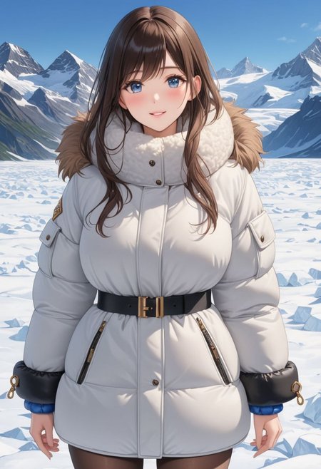 ((((white Oversized shearling down jacket)))), ((((white Oversized shearling puffer jacket)))), ((((white Oversized shearling winter clothes)))), ((((very very cold, in cold)))), ((((semi-realistic)))), ((((puffer hood)))), ((medium knee office skirt, pantyhose, boots)), ((((full body)))), ((sharp eyelid, eyeliner, eyelashes, beautiful detailed eyes, tsurime, long messy brown hair, blue eyes, perfect anatomy)), detailed fingers, solo, smile, standing, icefield, ((((masterpiece)))), ((((best quality)))), ((intricate details)), RAW, 8K UHD, (1girl), office lady, detailed face, beautiful face, charming, bonny, (((blush))), (((heavy breathing))), (((feels orgasm))), wind, (Thick padded collar:1.4), (TSH:1.4), (Thick padded cuffs:1.4)