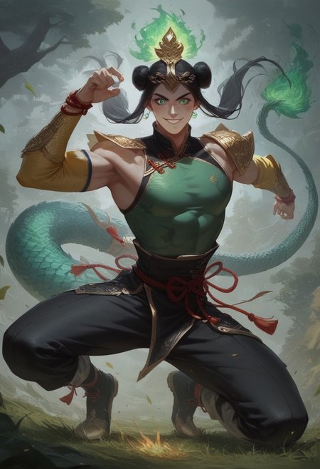 score_9, score_8_up, score_7_up, BREAK source_anime, source_cartoon, 1boy, happy, wide smile, ((expressive)), (((((chinese fighting pose)))), thin chin, solo, detailed face, detailed eyes, (Green eyes), white skin, black hair tied up, man with hair tied up, ((long hair)) (headpiece fledged with gallant pheasant tails), very muscular man, muscular chest, broad shoulders, Chinese combat attire, green Chinese clothing, golden sleeves, (((golden scale pattern))), loose black pants, red rope belt 
BREAK
(((green fire in hands))), (flaming gauntlets in hands), green flaming eyes),
outside, grass, trees, flying leafs
