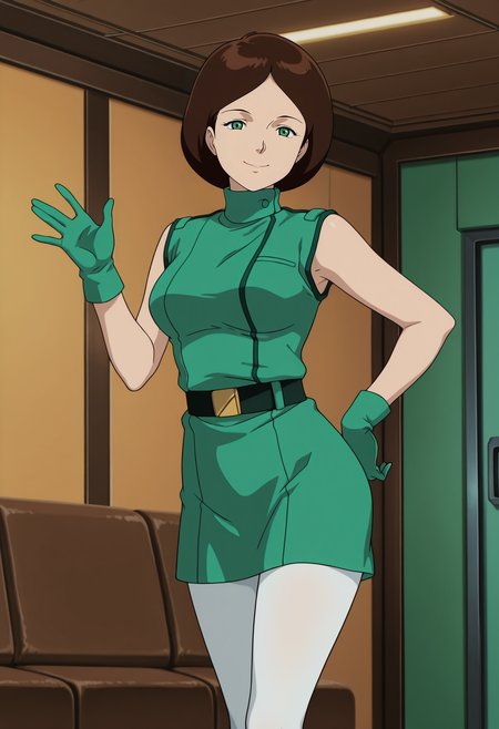 1girl,solo,mm,mature female,brown hair,short hair,green eyes,anime coloring,
sleeveless,uniform,green gloves,turtleneck,green shirt,white pantyhose,belt,contrapposto,hand on own hip,waving,looking at viewer, smile,indoors
,masterpiece,best quality,amazing quality,<lora:Emma_Sheen-Zeta_Gundam:0.8>