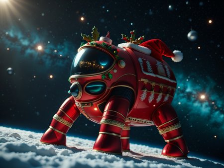 Animal Christmas, 
In the depths of space an ancient spaceship drifts into view fro a low angle. The spaceship has seen bettre days. A lush verdant planet can be seen in the distance with a red dwarf sun rising, creating a halo effect
 <lora:Animal_Christmas:1>