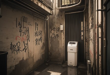 ,ruanyi1205,outdoors,dirty,alley,air conditioner,door,graffiti,<lora:1205 Old-time Hong Kong alley_v1_pony:1>, score_9, score_8_up, score_7_up, score_6_up, score_9, score_8_up, score_7_up, score_6_up source_anime, blush, 1girl, seduce smile, perfect body , natural huge breasts