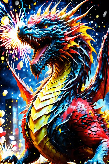 new year celebration  , art work,  red and yellow dragon,  16k,  best quality,  HDR,  night,  show people,  Fireworks 2024 on sky , shards, more detail XL,<lora:EMS-287160-EMS:0.800000>,<lora:EMS-218109-EMS:0.800000>,<lora:EMS-61413-EMS:0.800000>