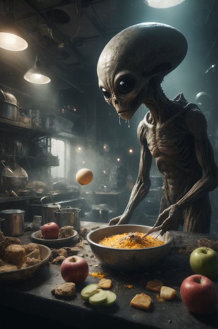 Prepare for a culinary caper of cosmic proportions: Our intrepid chef finds themselves on a mission to create the perfect dish using ingredients sourced from across the galaxy. From moon cheese to asteroid apples, they scour the cosmos for the rarest and most exotic ingredients, all while dodging space pirates, outsmarting intergalactic health inspectors, and navigating the perilous pitfalls of cosmic cuisine. Along the way, they must contend with rival chefs, alien food critics, and the ultimate challenge: a cook-off against the reigning champion of the culinary cosmos. Can our hero whip up a dish that's out of this world, or will they be left with egg on their face? 
Many details everywhere. soft shadows. Low saturation colors. Insane quality. Insane resolution. Insane details. Masterpiece. 32k resolution.
Dramatic,Dynamic,Cinematic,Sharp details
 <lora:dvr-lnds-sdxl:0.4> dvr-lnds-sdxl <lora:add-detail-xl:1>   <lora:casting shadow style v2:0.1> casting shadow style, cucoloris patterned illumination  <lora:MJ52:0.051> <lora:ral-apoctvisn-sdxl:0.1> ral-apoctvisn <lora:ral-mtclniscp-sdxl:0.1> ral-mtclniscp <lora:SDXLFaeTastic2400:0.1> <lora:zavy-cntrst-sdxl:0.1> dark, chiaroscuro, low-key <lora:zavy-rmlght-sdxl:0.1> zavy-rmlght