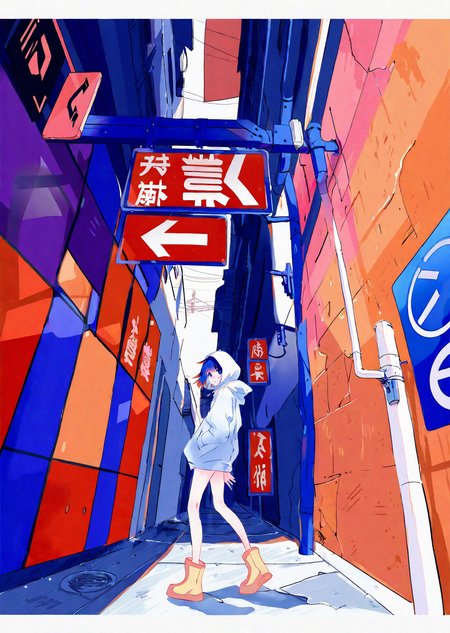 a woman with medium-length colorful hair wearing hoodie walking under a broken sign in an alleyway
 anime
dramatic lighting 
gradient 
pixiv request, pixiv fantasia, pixiv sample, 
by ajimita, 
best quality,