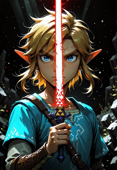 1boy, Link (the legend of zelda), blonde hair, pointy ears, serious, white champion's tunic (zelda), holding up, holding light saber, red glowing light saber, triforce, light rays, abstract background, black background, portrait, depth of field, photo \(medium\), scenery, volumetric lighting, masterpiece, best quality, good quality, very awa, very aesthetic, absurdres, newest, opill