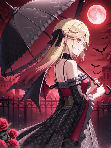 vampire,vampire fraulein,1girl,solo,bat \(animal\),holding black umbrella,fence,outdoors,full moon,from side,night sky,red moon,red sky,smile,red rose,profile,black umbrella,cloud,standing,black frilled sleeves,bat wings,black frilled dress,black frilled choker,black hair bow,glowing eye,looking back,
masterpiece,best quality,amazing quality,very aesthetic,absurdres,newest,<lora:Vampire Fascinator, Fraulein & Sucker illusXL v1:0.75>,