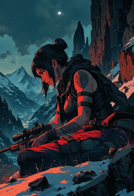In the style of ff-td, nistyle, Silhouette Art, magnificent, crisp lines, closeup portrait of stunning mercenary, mountain top, overlooking a huge valley, beautiful girl, breasts, curvy, looking down scope, looking away from viewer, laying on the ground, laying ontop of jacket, aiming a sniper rifle, dark braided hair, backwards hat, armor, sleeveless, arm sleeve tattoos, muscle tone, dogtags, sweaty, foreshortening, depth of field, at night, night, alpine, lightly snowing, dusting of snow, 
Closeup, detailed face, freckles,