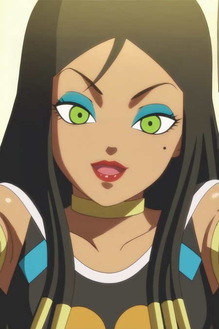 source_anime, score_9, score_8_up, score_7_up, anime screencap, absurdres,
helles, official style, 1girl, solo, long hair, looking at viewer, smile, open mouth, simple background, black hair, white background, jewelry, green eyes, collarbone, one eye closed, dark skin, nail polish, mole, dark-skinned female, mole under eye, v, makeup, neck accessory, lipstick, black nails, eyeshadow, armlet, bracer, gold choker, v over eye
<lora:helles_pony_v1:0.8>