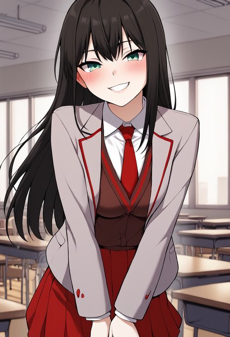 Yoo_Na-Ri, black hair, long hair, green eyes, petite body, medium breasts, webtoon, manhwa, school uniform, open jacket, light grey jacket, brown cardigan, white shirts, collared shirt, red necktie, red skirt, BREAK indoors, classroom, BREAK cowboy shot, looking at viewer, standing, blush, front side,flirty face, seductive smile, arms bedhind back, BREAK score_9, score_8_up, score_7_up, source_anime,  <lora:Yoo_Na-Ri:0.8>