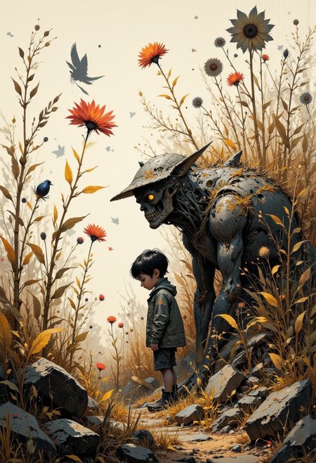Create a beautifully detailed drawing capturing a fantastical world infused with nostalgia and shadowy intrigue. The style features clean, confident outlines with soft watercolor washes, balancing warmth and accessibility with intricate detail. The palette contrasts muted tones—warm ochres, soft reds, creamy whites—with stark, inky blacks, creating a dramatic interplay of light and shadow that evokes both innocence and mystery. The atmosphere blends vintage children’s book charm with an eerie undertone, as if balanced between reality and a shadowy dreamscape.
Characters should have naturalistic proportions and subtle expressiveness, their features gently exaggerated to reflect curiosity, resilience, or vulnerability. Dynamic shadow puppet figures may emerge in the background, their silhouettes adding to the narrative and reinforcing the duality of light and shadow. The focus will be on a specific subject—In a field of tall, swaying grasses, Henry notices shadow flowers growing beside the real ones, their dark shapes faintly outlined in silver. When the wind blows, the shadows ripple unnaturally, whispering secrets that only the night can hear—carefully integrated into the scene. The composition is grounded yet surreal, seamlessly merging whimsical simplicity with haunting, thought-provoking detail to invite wonder and introspection.