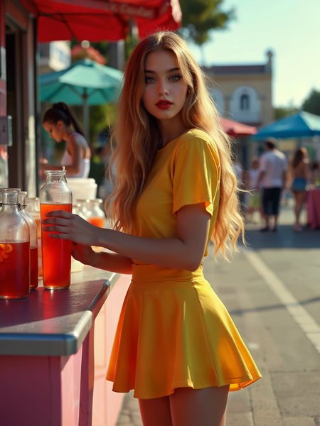 breathtaking a woman in a yellow dress standing next to a table with drinks in front of her and a man in the background, Eszter Mattioni, bright colors, a stock photo, color field blonde hair, a polaroid photo, superflat, award-winning, professional, highly detailed