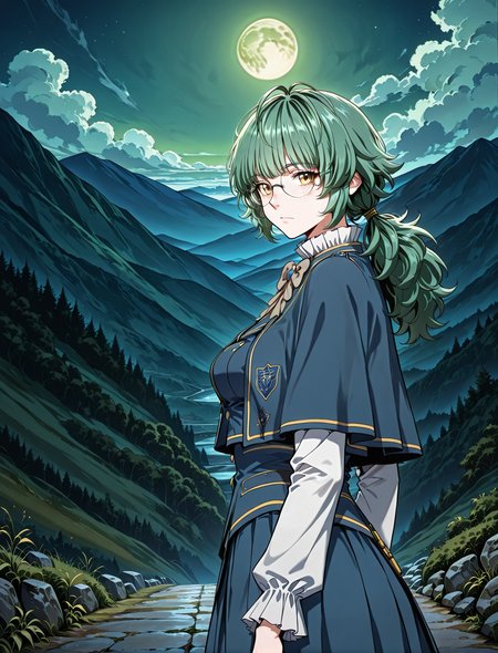 <lora:Emily_Watsken__The_Beginning_After_the_End__Illustrious:1>
1 girl, solo, yellow eyes, green hair, ahoge, low ponytail, bangs, long hair, messy hair, freckles,
uniform, white shirt, long sleeves, frilled sleeves, blue skirt, blue capelet, brown bowtie, glasses, round eyewear, blue jacket
score_9, score_8_up, score_7_up, source anime, BREAK, cowboy shot, (from side), looking back, looking at viewer, overlooking mountain, high altitude, scenery, exterior, background, (solo), night, green moon, <lora:iLLMythG0thicL1nes:1>
