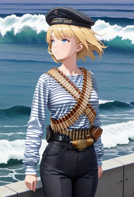 masterpiece, high quality, best quality, 1girl, solo, m4tr0s, black military hat, bandolier, ammunition belt, (striped shirt:1.4), black pants, cowboy shot, looking away, short hair, blonde hair, blue eyes, sea, dynamic pose, military watercraft, wind, waves, long sleeves,