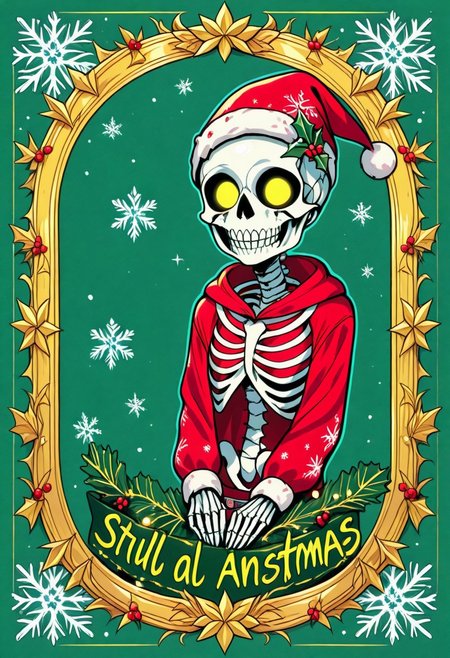 A cute and playful xmastedx skeleton punk dressed in a festive Christmas outfit, featuring a sleek, futuristic design. The outfit showcases a stylish two-tone color scheme of vibrant green and cyan, with intricate holiday-themed patterns like snowflakes and holly leaves subtly glowing along the edges.