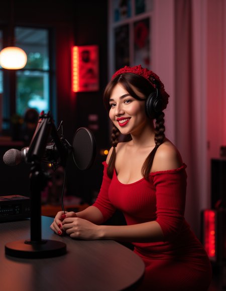   On the right side of the frame, the presenter, a blogger, is sitting at a table in a cozy dark studio. red tight-fitting dress, open shoulders, dark hair gathered in two pigtails, two thin strands of hair in front, a red lace knitted tight-fitting cap on her head. Evening makeup in red tones, red lips, smiling, studio microphone in the foreground. On the left side of the frame, there is a stylish black computer system unit on the table. Neon lighting. , 

,   aidmamj6.1
(Depth of field), low saturation,detail. mythp0rt Stylish, charismatic.c.


(Depth of field),,detail. mythp0rt Stylish, charismatic. ,.
<lora:domiswaunfluxmini:1>
