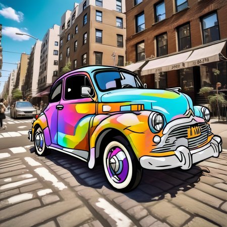 cartophoto caph1 old car in city, colorful, very detailed <lora:cartophoto:1>