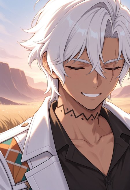 masterpiece,best quality,amazing quality, source_anime,
ifagimpa, 1boy, male focus, solo, dark skin, dark-skinned male, closed eyes, scar across eye, white hair,neck tattoo, collarbone, shirt, black shirt, coat, white coat, portrait, smile, outdoor,