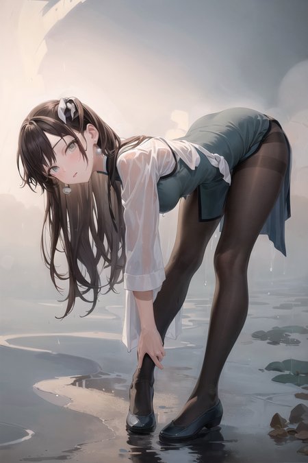 masterpiece, best quality, 1girl, yaozhi\(fkey\), yaozhi\(china_cloth\), brown hair, long hair, grey eyes, mole under eye,  <lora:yaozhi_anm_v15:0.77>, china dress, black pantyhose, wet clothes, wet hair, water drop, rain, bent over, sexy, looking at viewer,